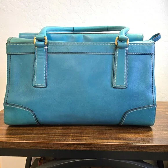 Vintage Coach Hampton Turn Lock Teal/Turquoise Leather Carry All Satchel Bag - Picture 9 of 16